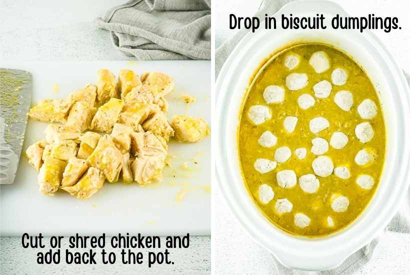 chicken that has been shredded and biscuit dumplings being dropped in the slow cooker