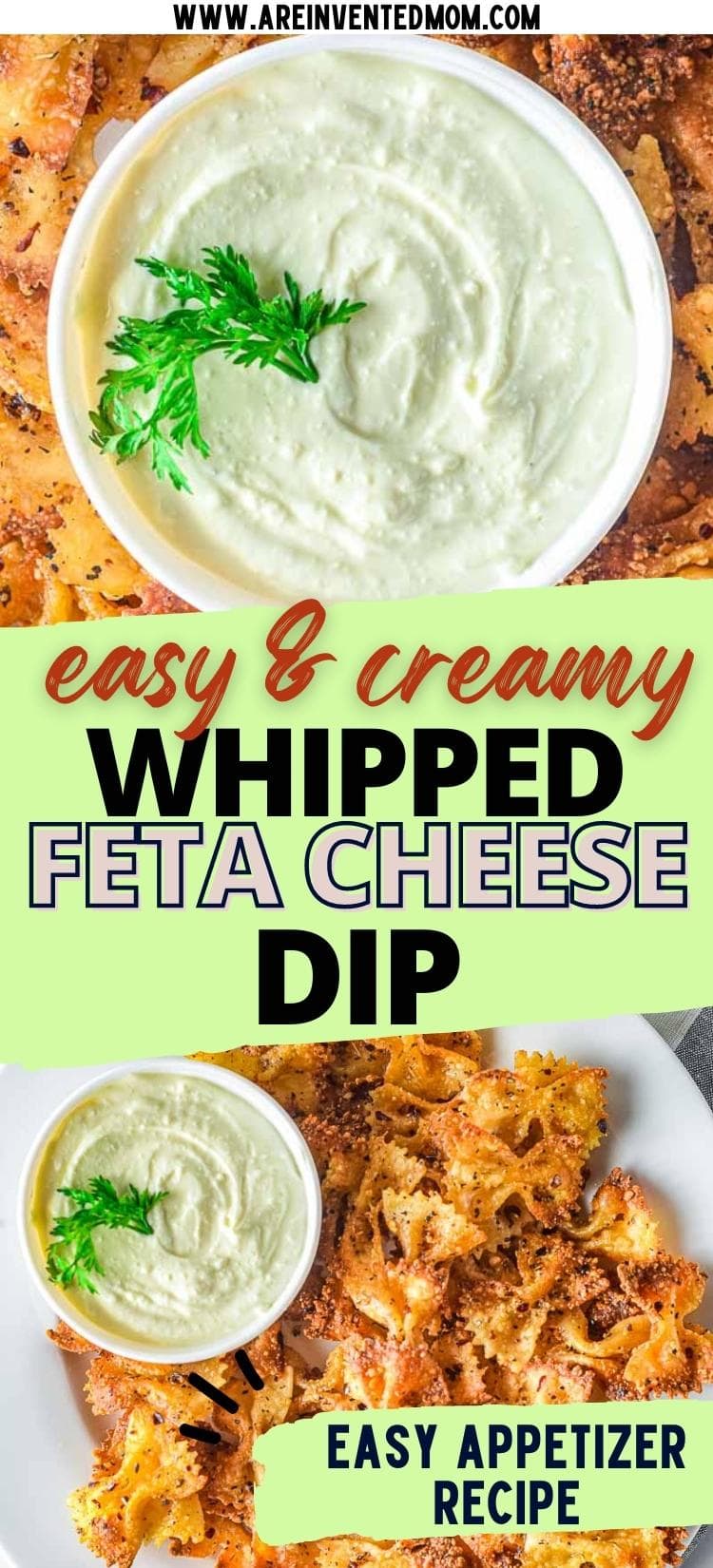 two image collage of whipped feta dip with greek yogurt on a plate with pasta chips with text overlay