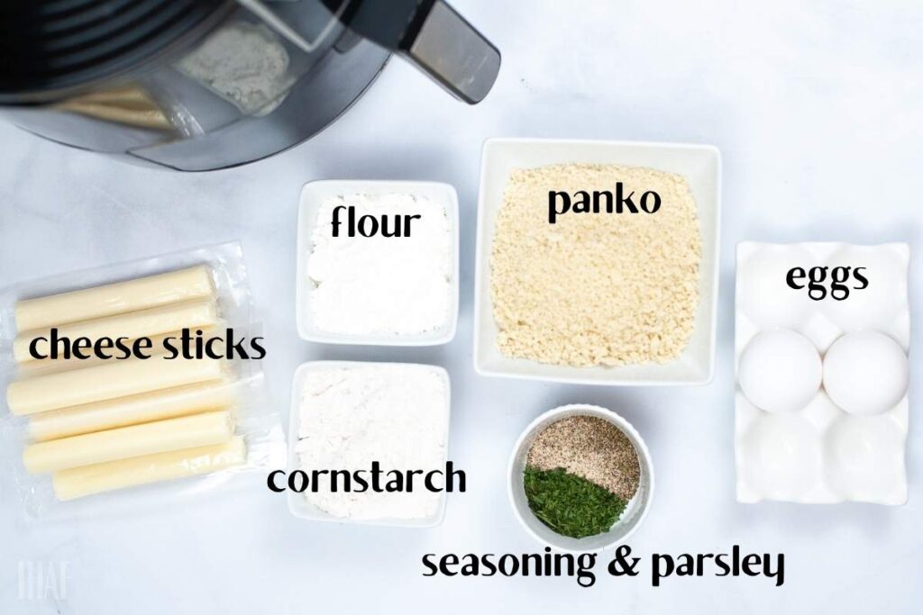 ingredients labeled for making cheese sticks in the air fryer