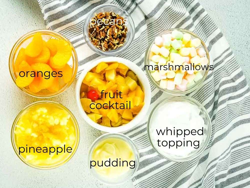 ingredients labeled to make ambrosia salad with cool whip