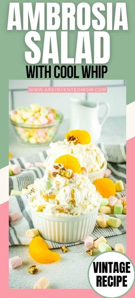 two small bowls of ambrosia salad next to small colorful marshmallows with text overlay