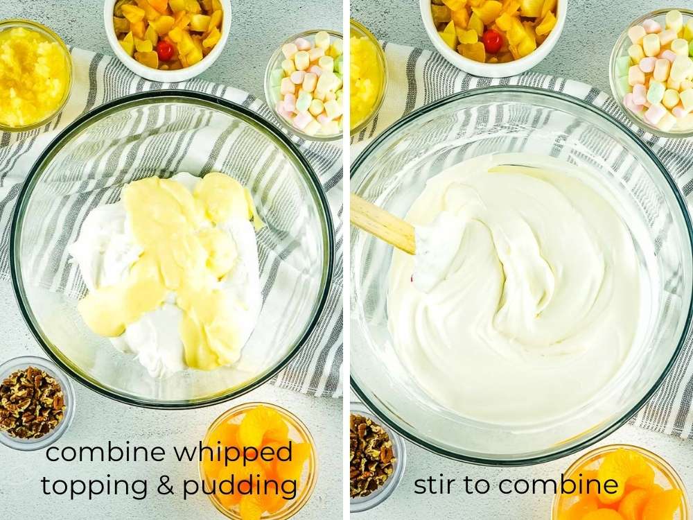 creaming the pudding and cool whip together in a mixing bowl for ambrosia salad