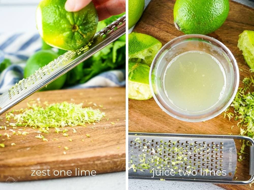 juicing and zesting the limes on a wooden cutting board