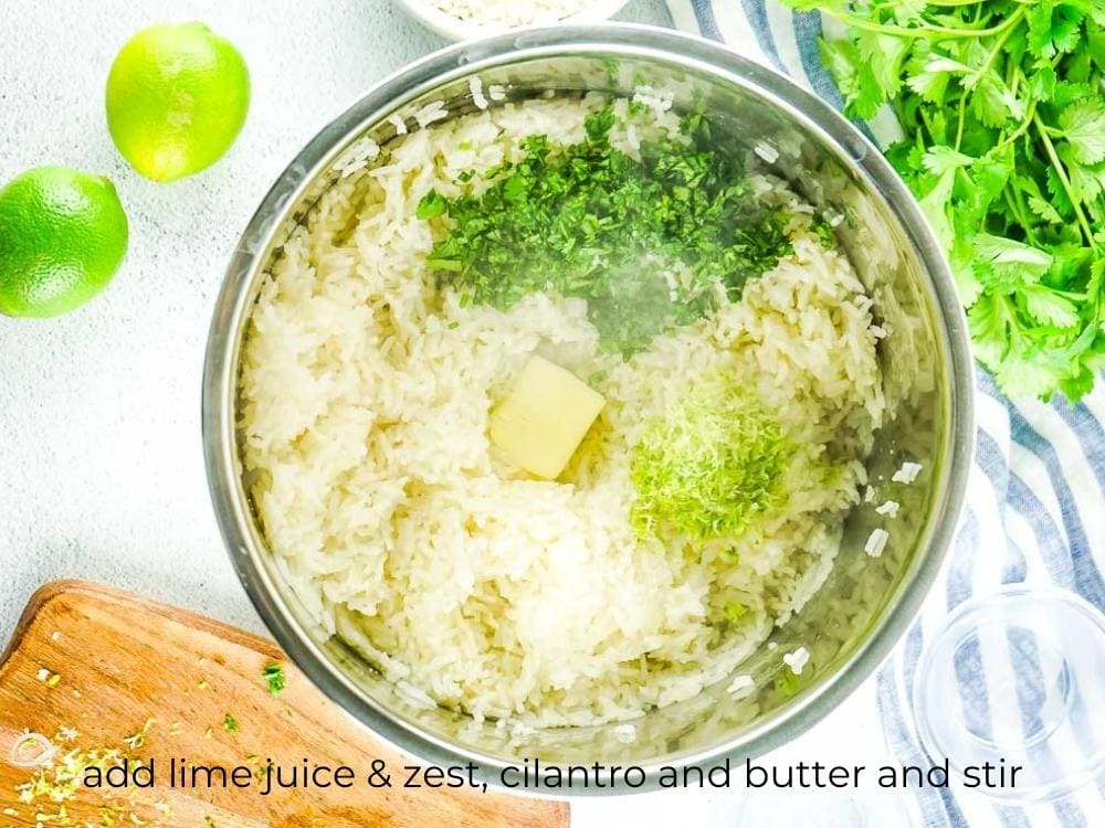 top shot of instant pot cilantro lime rice with butter on top