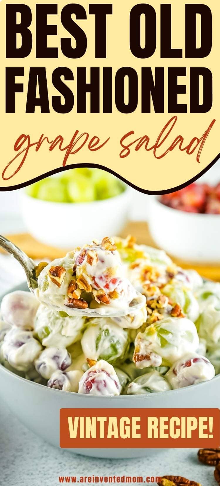 grape salad on a spoon over a bowl with text overlay
