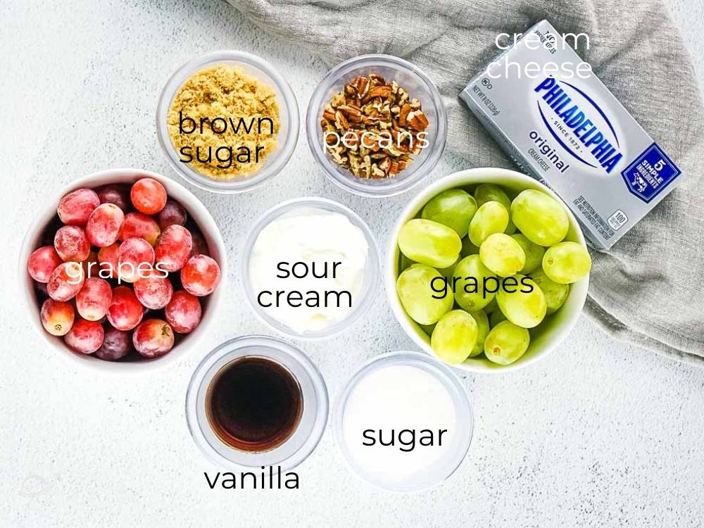 ingredients labeled to make creamy grape salad with cream cheese
