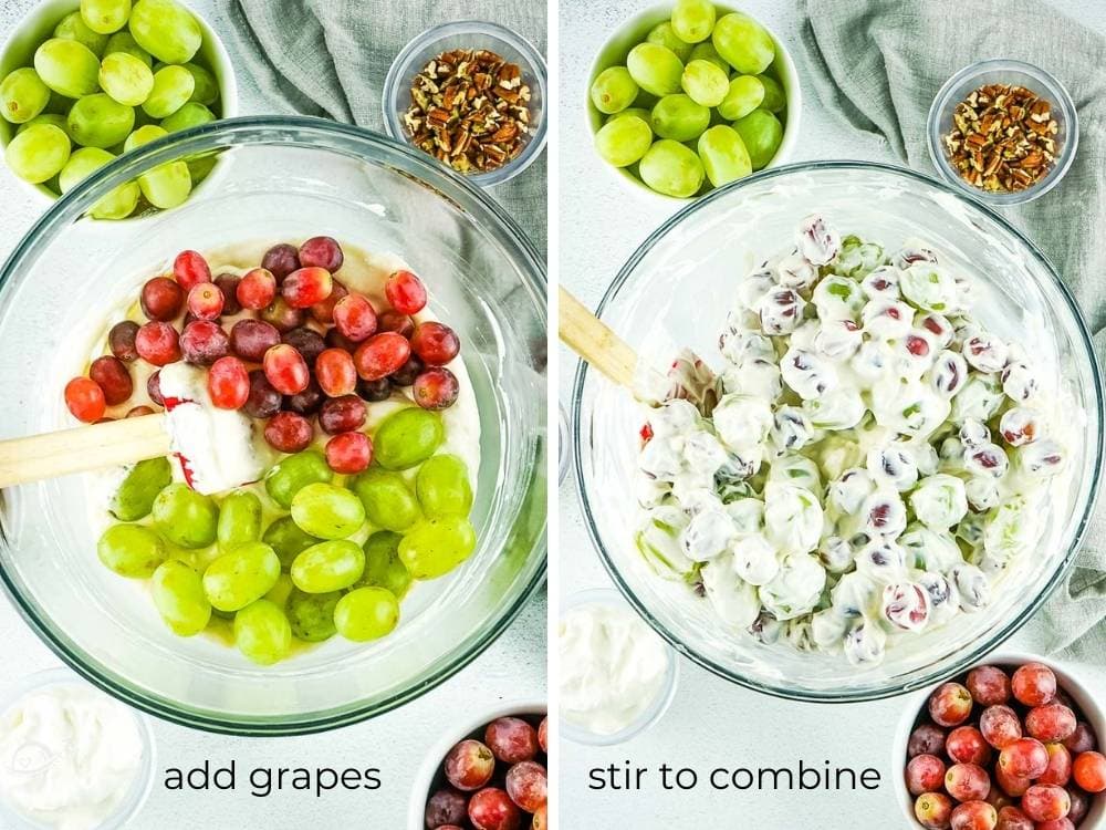 red and green grapes being mixed into the cream cheese and sour cream mixture