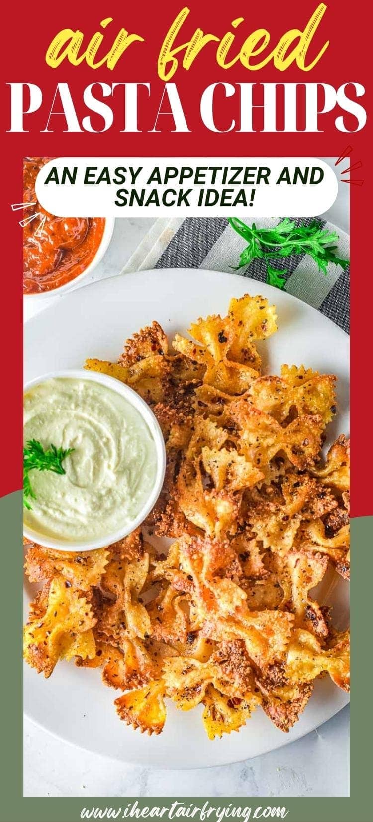 air fried pasta chips on a white plate with feta dip with text overlay