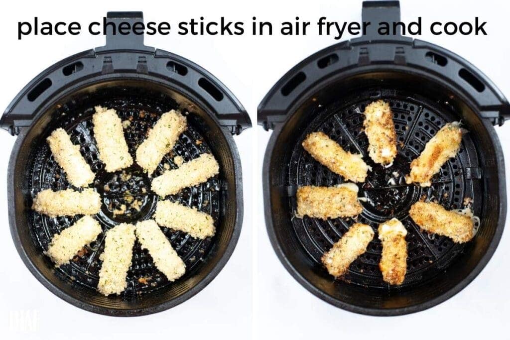 two image collage showing the cheese sticks being placed in the air fryer basket and after they have cooked