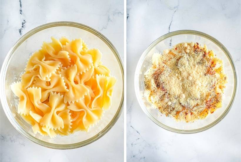 two image collage showing cooked noodles and seasoning being added