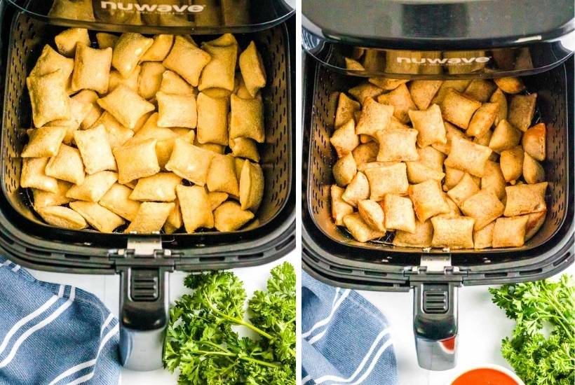 two image collage of before and after cooking pizza rolls in the air fryer
