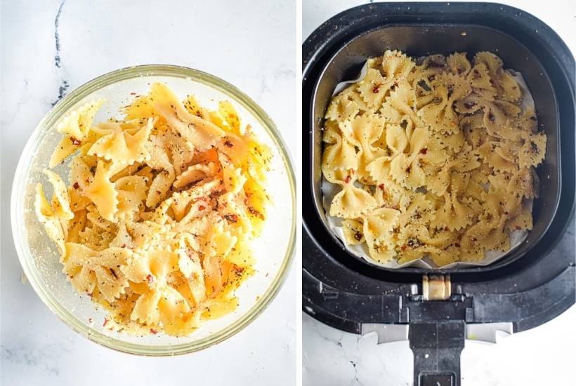 seasoned bow tie pasta being added to the air fryer basket