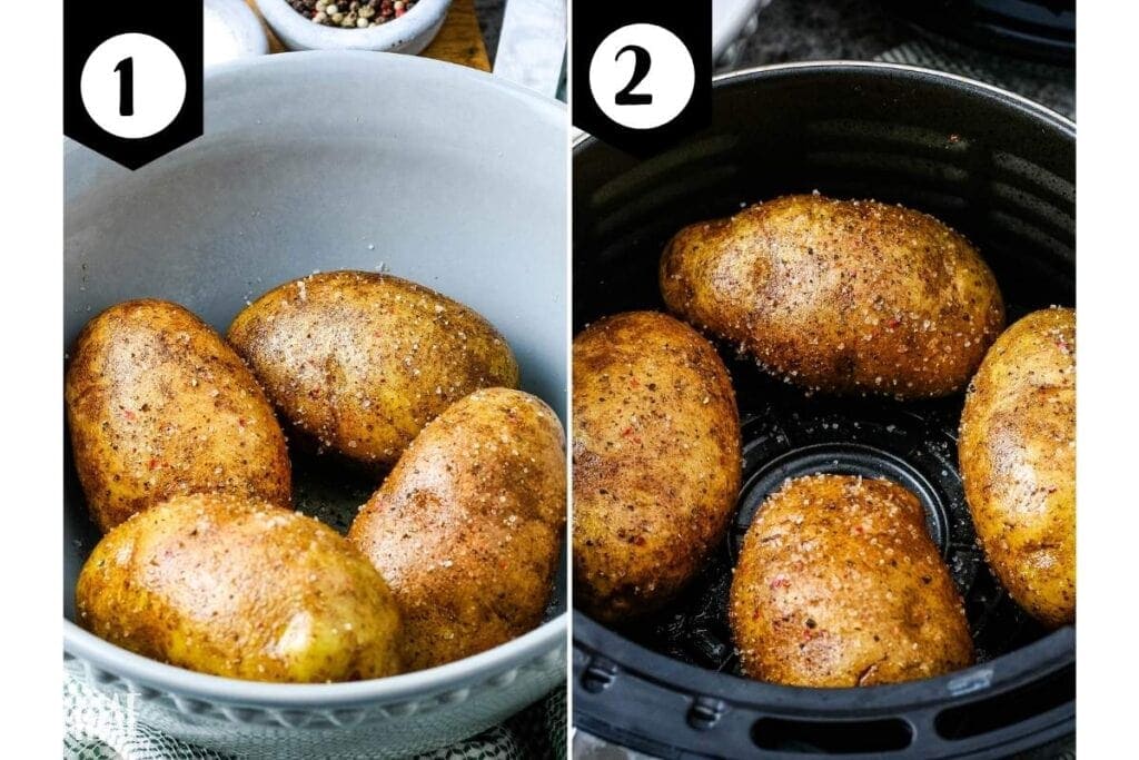 collage of seasoned potatoes in bowl and placing them in the basket