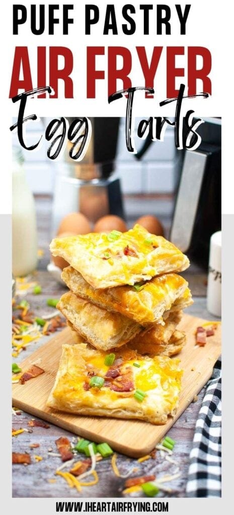 a stack of puff pastry egg tarts on a cutting board with text overlay