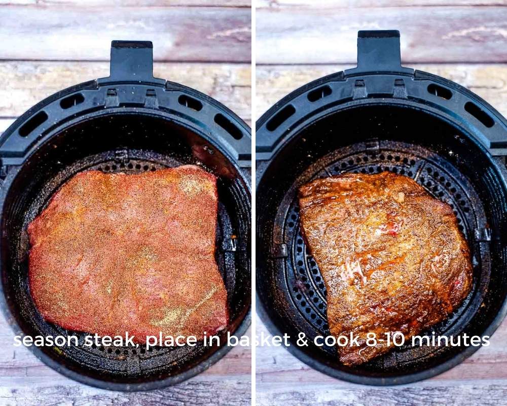 before and after of the flank steak being air fried