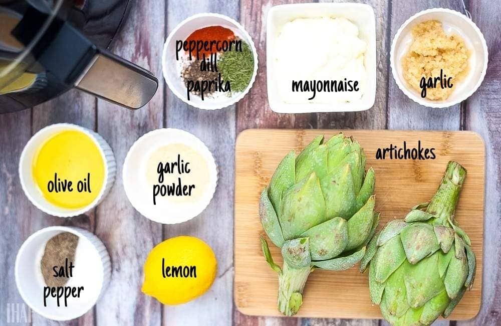 ingredients labeled to make roasted artichokes in the air fryer