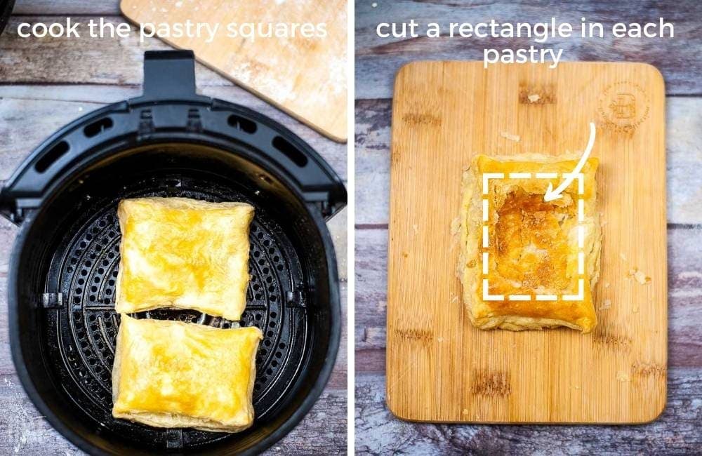 two image collage showing how to cut the pastry squares to make a pocket after cooking