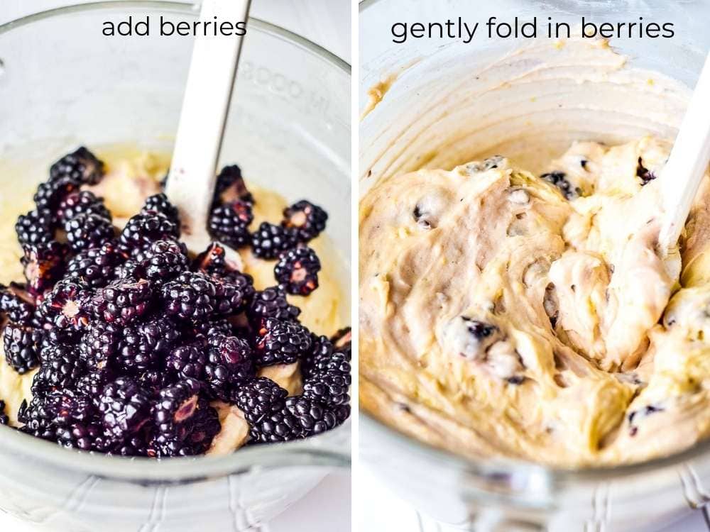 blackberries being folded into the muffin batter