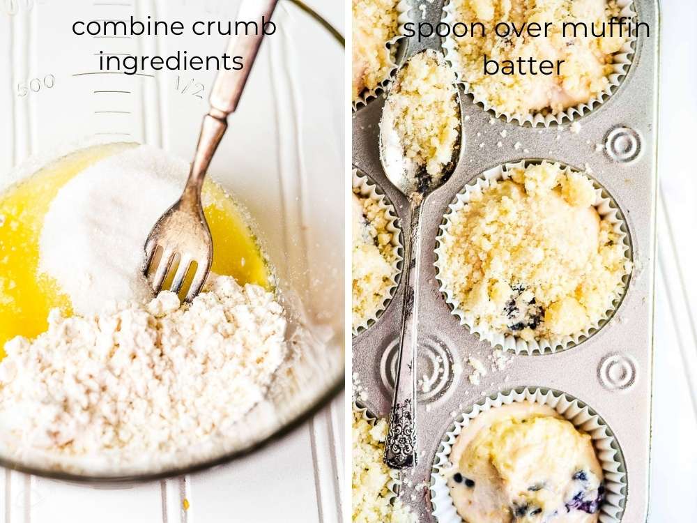 crumb topping being made then spooned onto the muffin batter