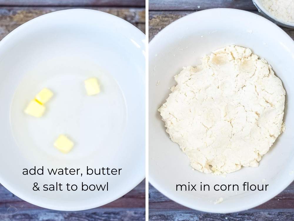 water, butter, and salt in a bowl being mixed with corn flour to make cheese arepa dough