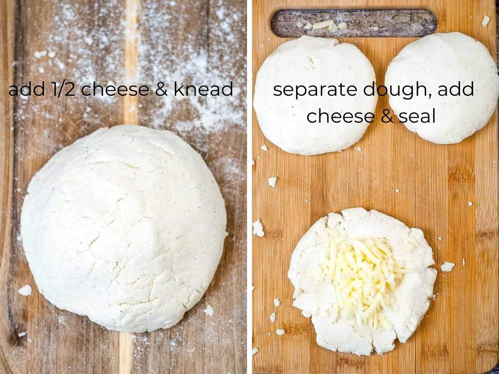 dough for Arepas Con Queso with mozzarella being added to the middle