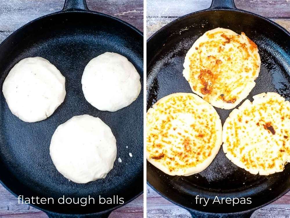 cheese arepas being fried in a cast iron skillet