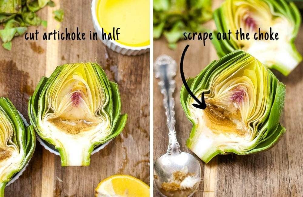 cutting artichokes in half and showing where the choke needs to be scooped out