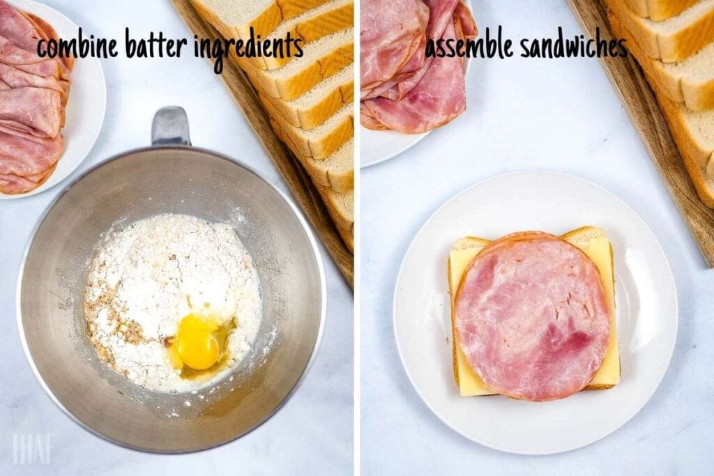 two image collage showing the monte cristo batter being made and the sandwich being assembled