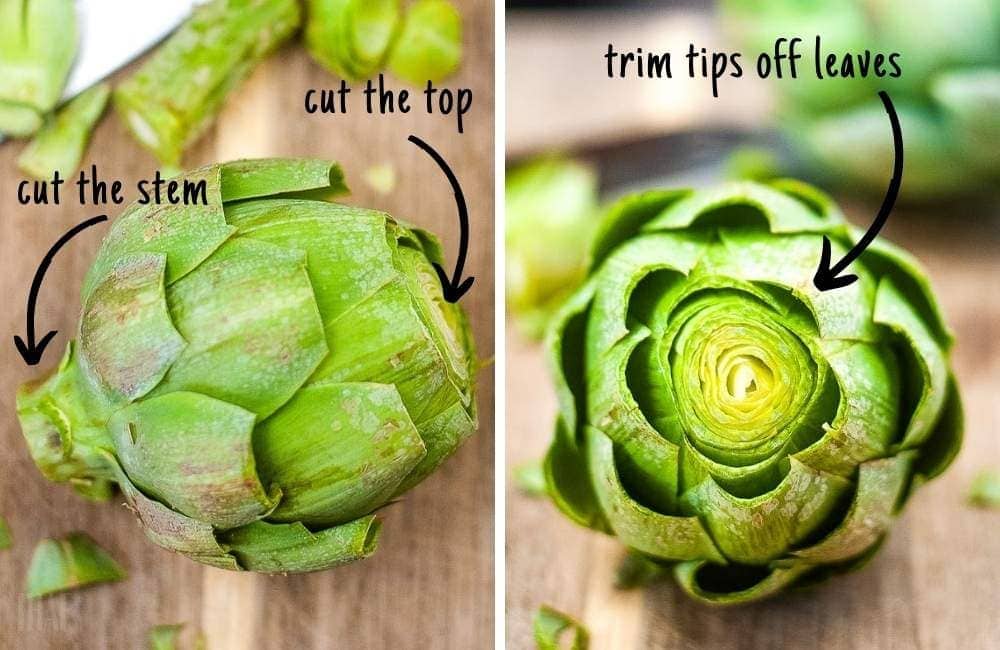 two image collage showing the artichoke being trimmed