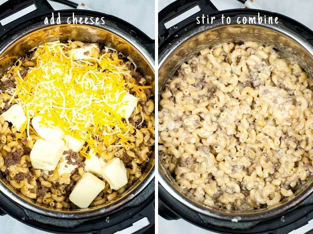 two image collage showing the cheeses being mixed into the cooked hamburger and macaroni.
