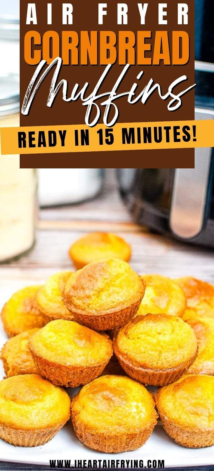 a plate of air fryer cornbread muffins with text overlay