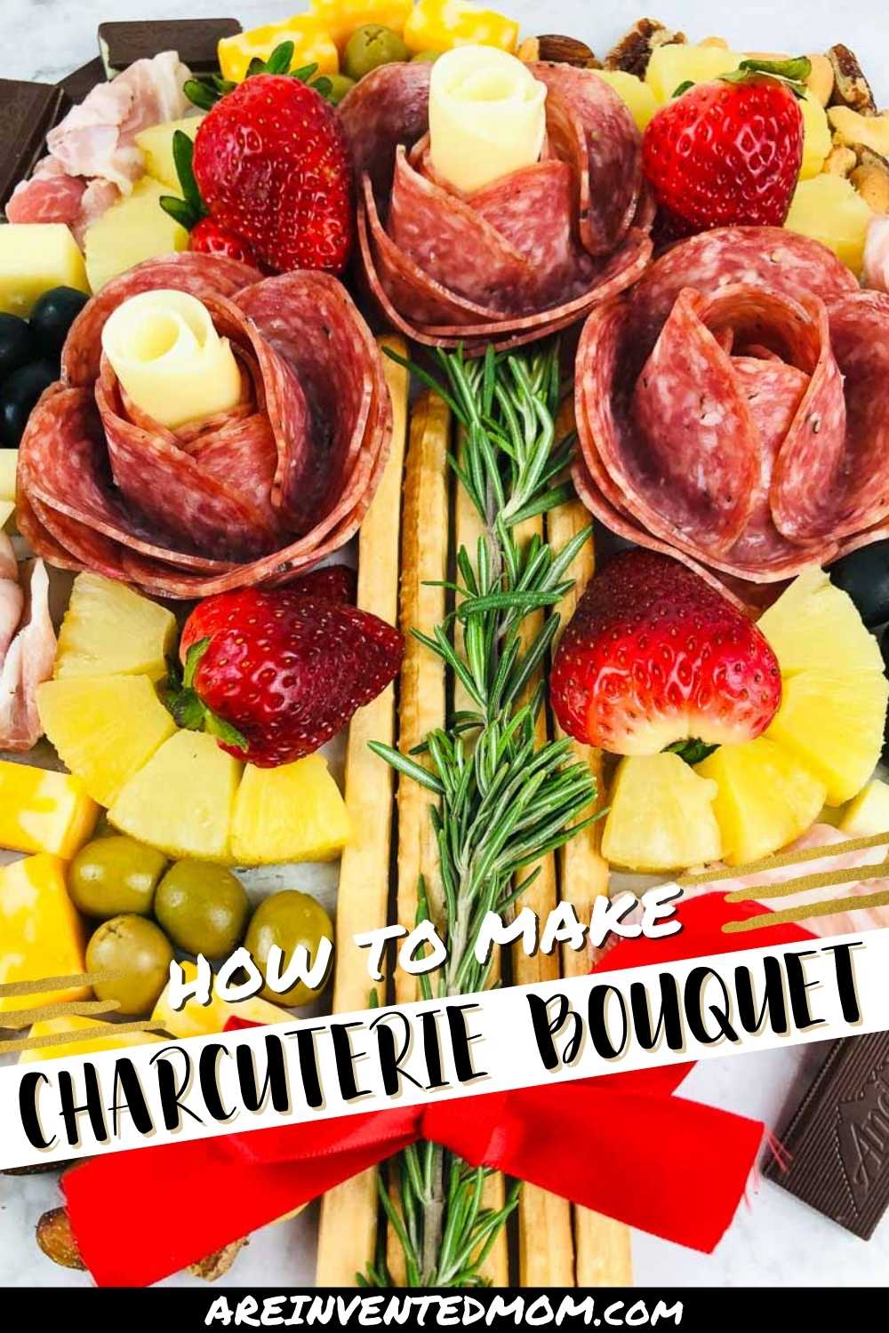 a charcuterie flower bouquet with text overlay