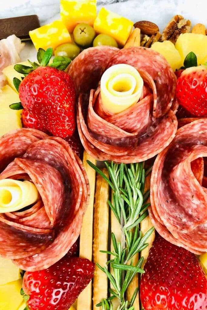 top shot of a charcuterie bouquet with meat roses and fruits