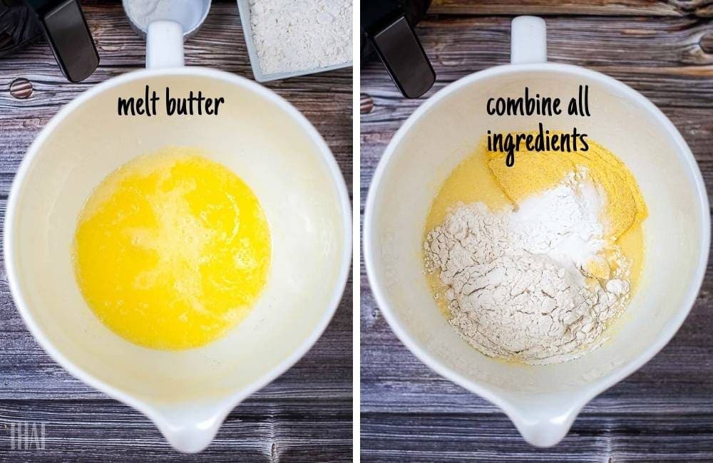 melted butter in a large bowl with other ingredients added to make cornbread muffins