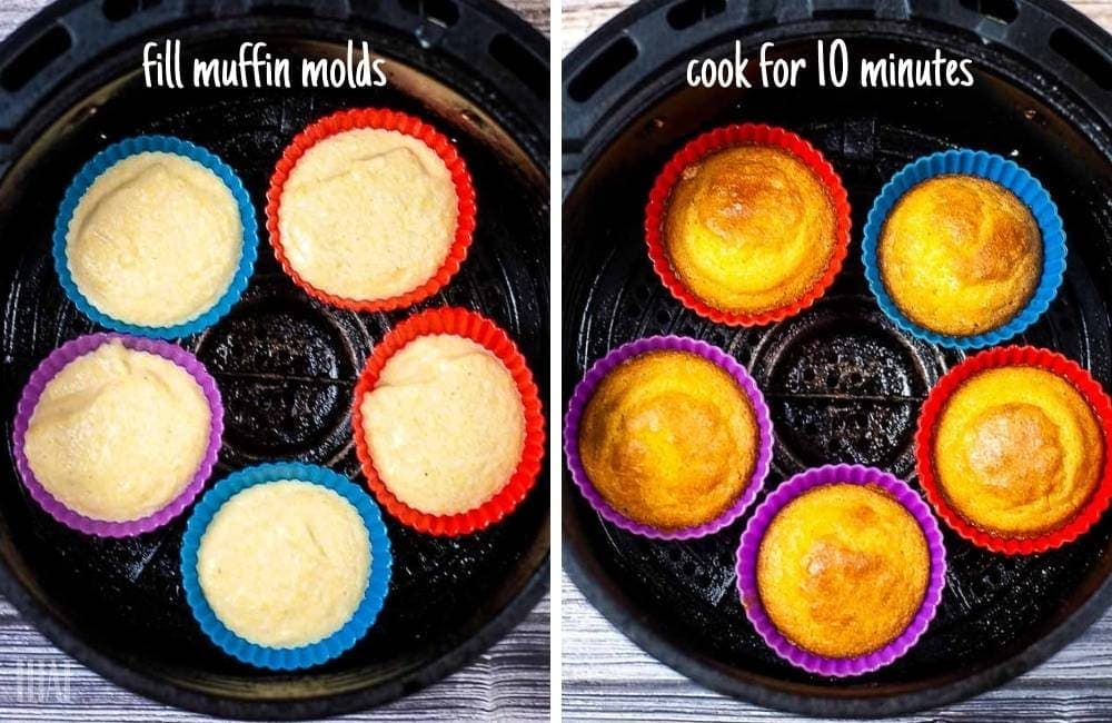 two image collage for air fryer cornbread muffins before and after cooking