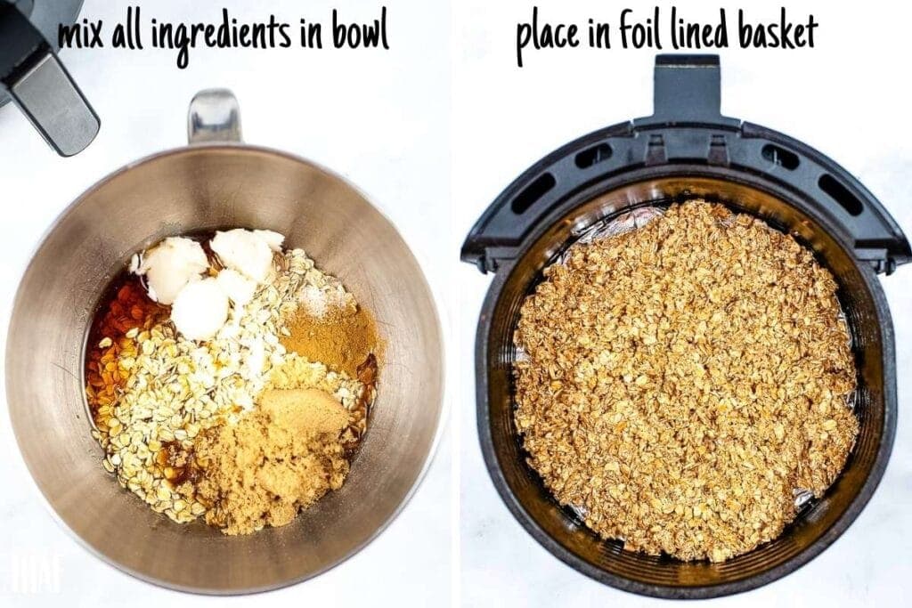 Two photo collage of all the ingredients in a mixing bowl and granola in the air fryer basket.