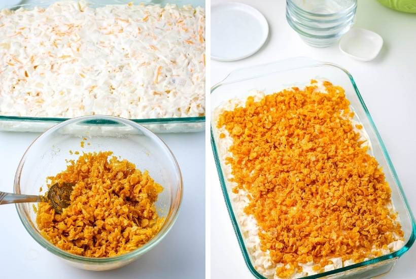 mixing butter with cornflakes for topping on uncooked casserole