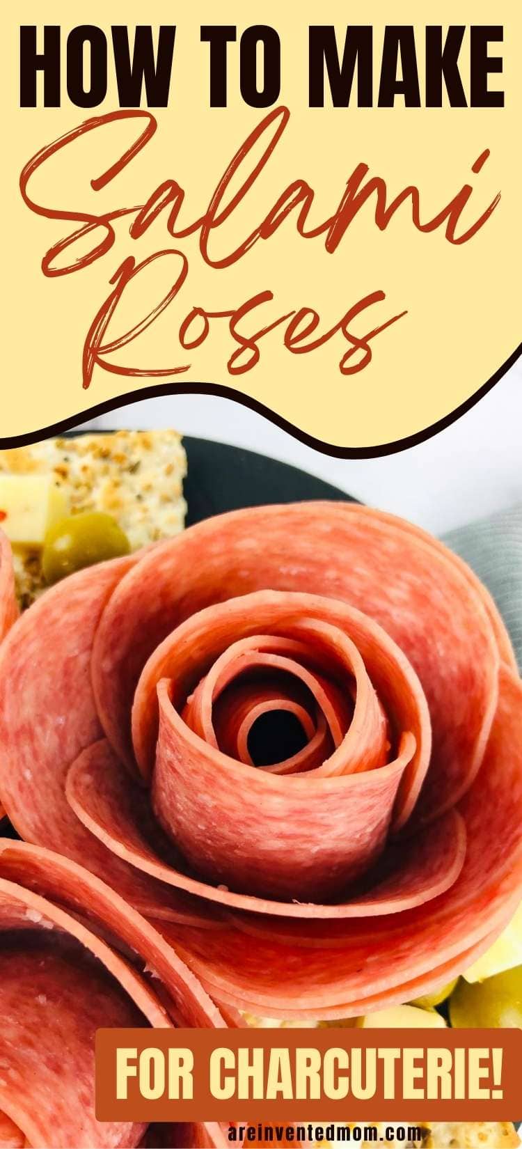Close up of a homemade charcuterie salami rose with text overlay.