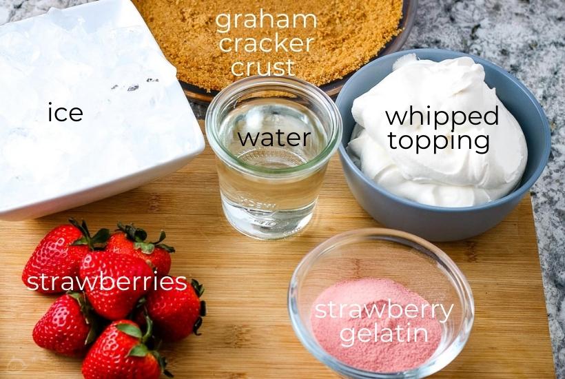 Labelled ingredients for strawberry jell-o pie.