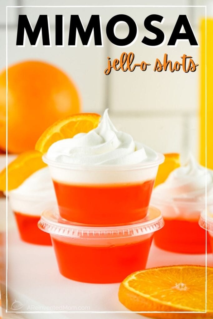 mimosa jello shots stacked on each other with text overlay
