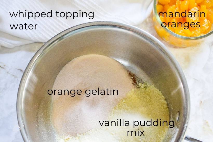 Labeled ingredients for mandarin orange jello salad.