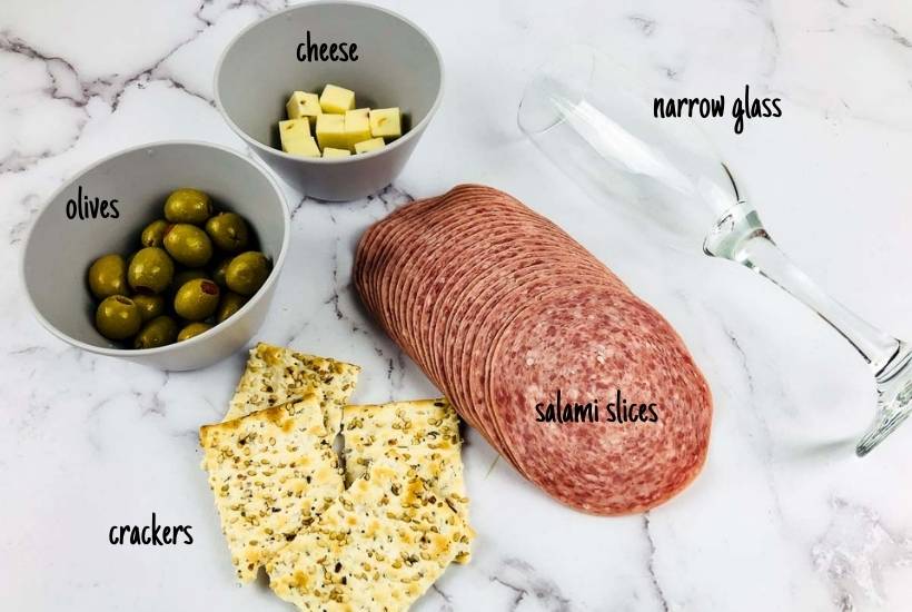 Labelled ingredients needed to make salami roses.