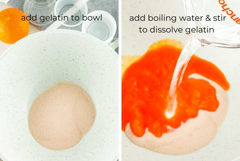 dissolving orange jello in a bowl for mimosa shots