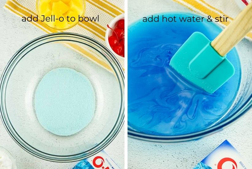 blue Jello and hot water being mixed in a glass bowl