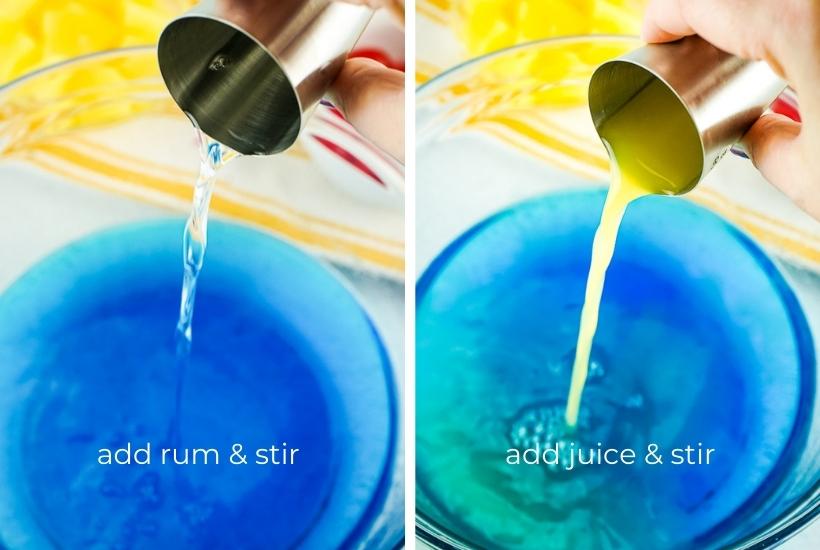 Add rum and pineapple juice into the jello mixture for the shots