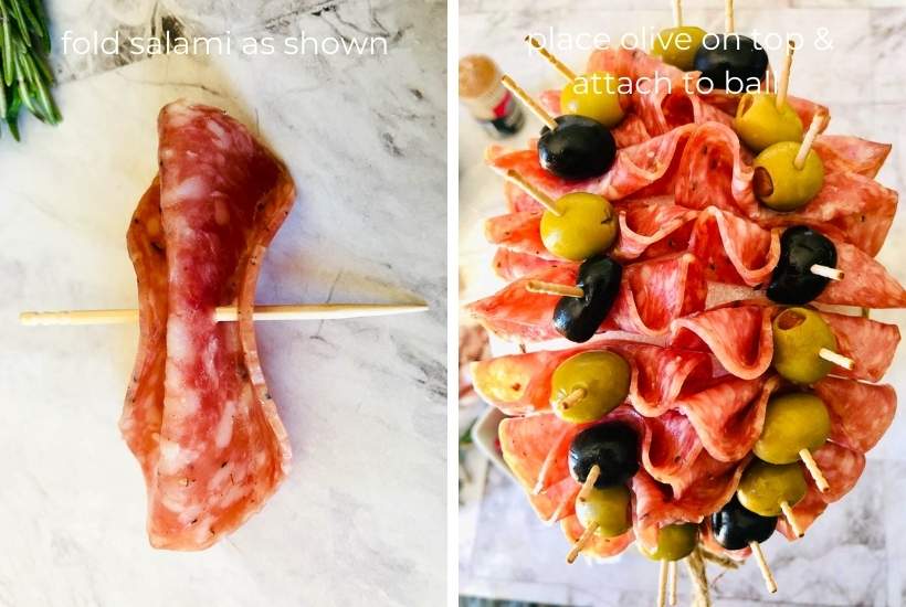 two image collage showing salami being folded and added to the styrofoam ball with olives