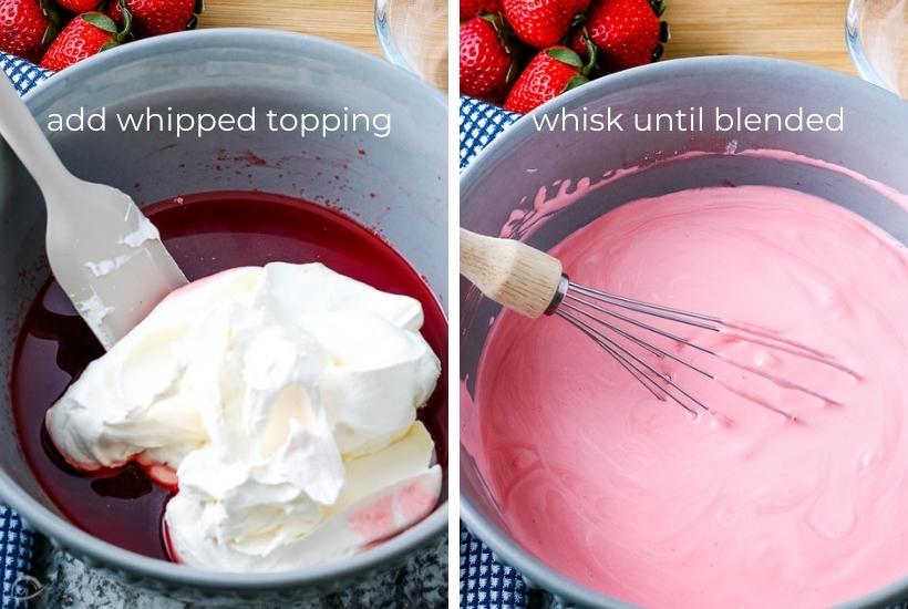 Two photo collage showing whipped topping being added to the strawberry jell-o mixture and mixing it in.