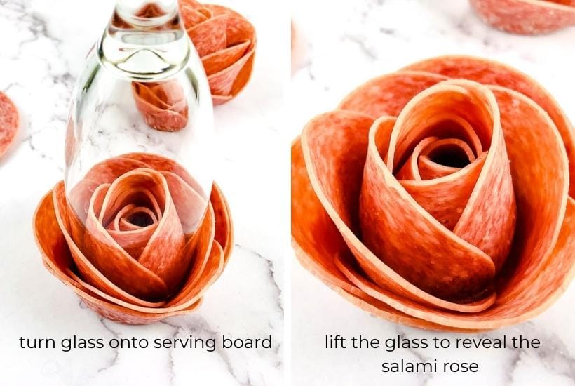 Showing how to transfer the salami rose from the glass to a board.