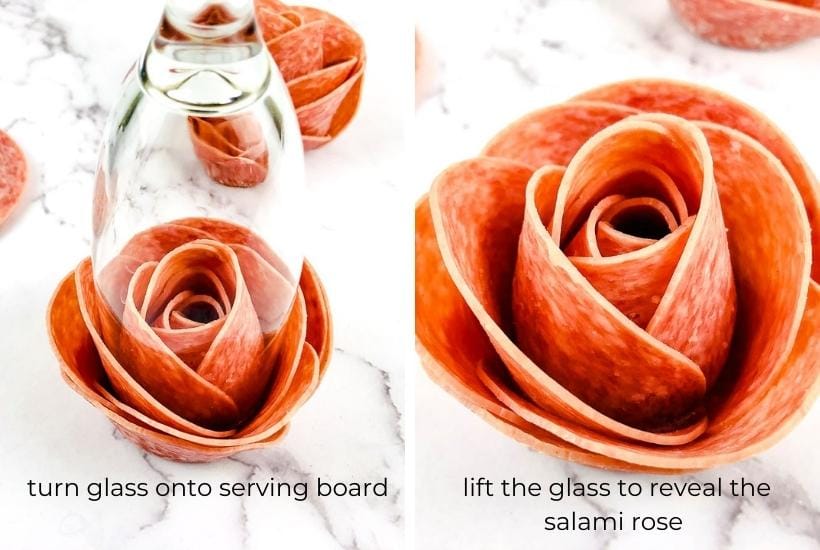 showing how to transfer the salami rose from the glass to a board