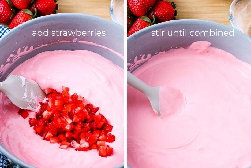 Two photo collage showing strawberries added to creamy filling mixture and stirred in.